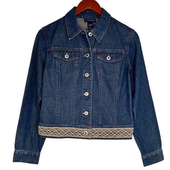 Vintage Ann Taylor Womens Denim Shacket Jacket Small Button Front Lace Trim 90s - Picture 1 of 9
